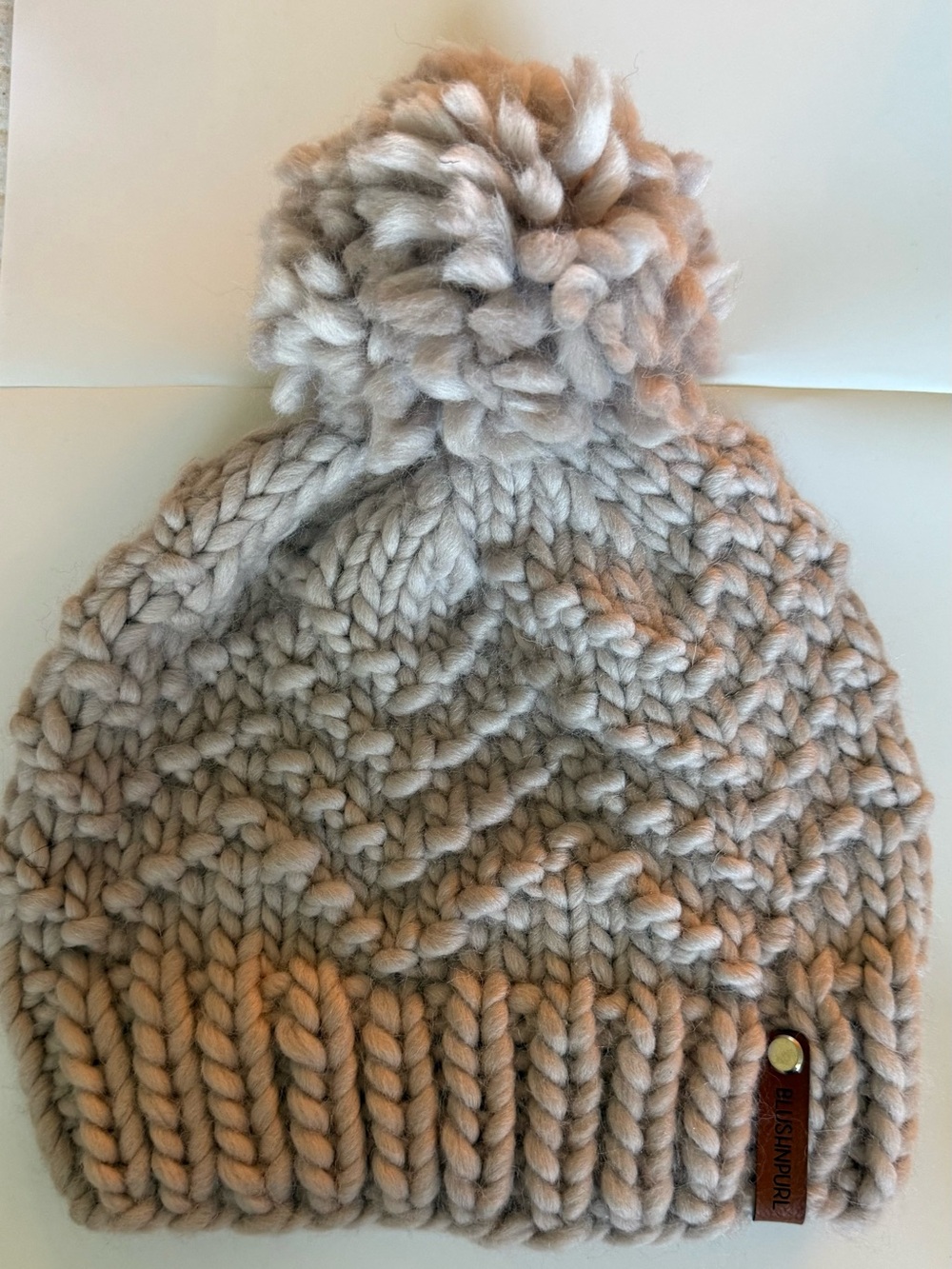 Hand-Knit  Pom Beanie Hat - Light  pinky Taupe